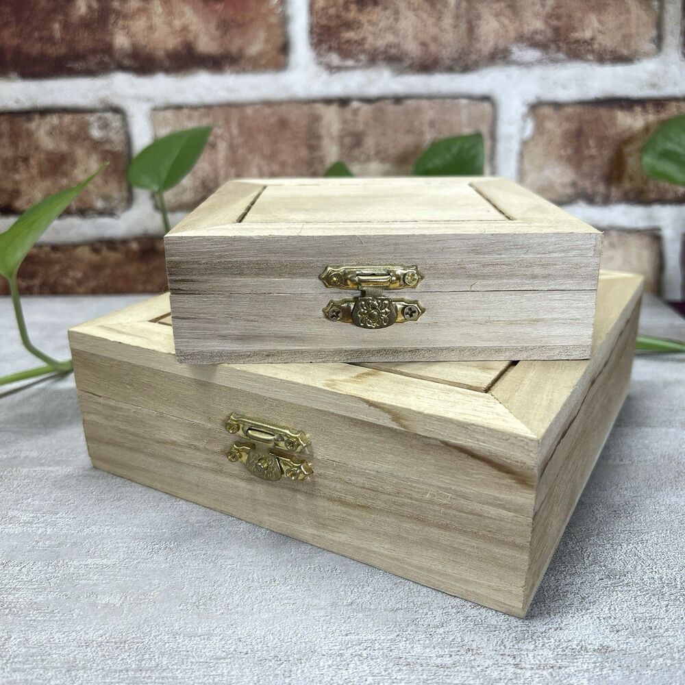 2Pcs Wooden Box Small & Medium Wood Box Unfinished Art Decor Project Storage